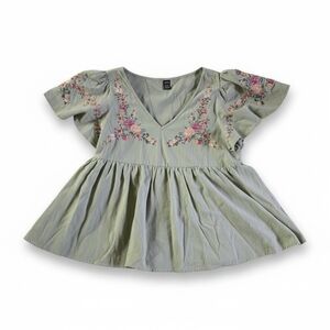 SHEIN Womens Embroidered Floral Top - Light Green Medium